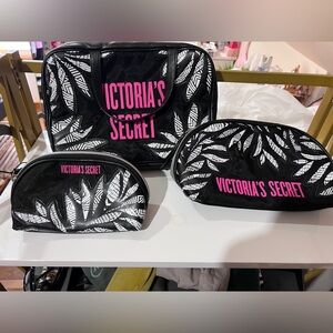 Victoria's Secret Black and Pink Leaf Print Cosmetic Bag Set